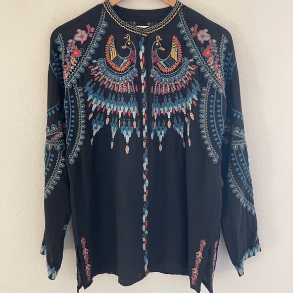 JOHNNY WAS Biya Black Peacock Embroidered & Beaded 100% Silk Blouse: NWOT! SMALL - Picture 1 of 9